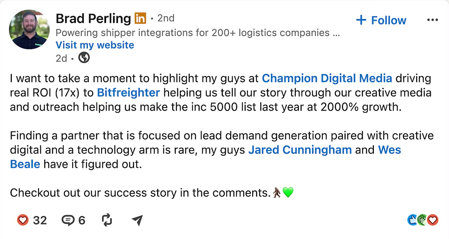 LinkedIn post by Brad Perling, Co-Founder and CEO of Bitfreighter, highlighting Champion Digital Media driving 17x ROI